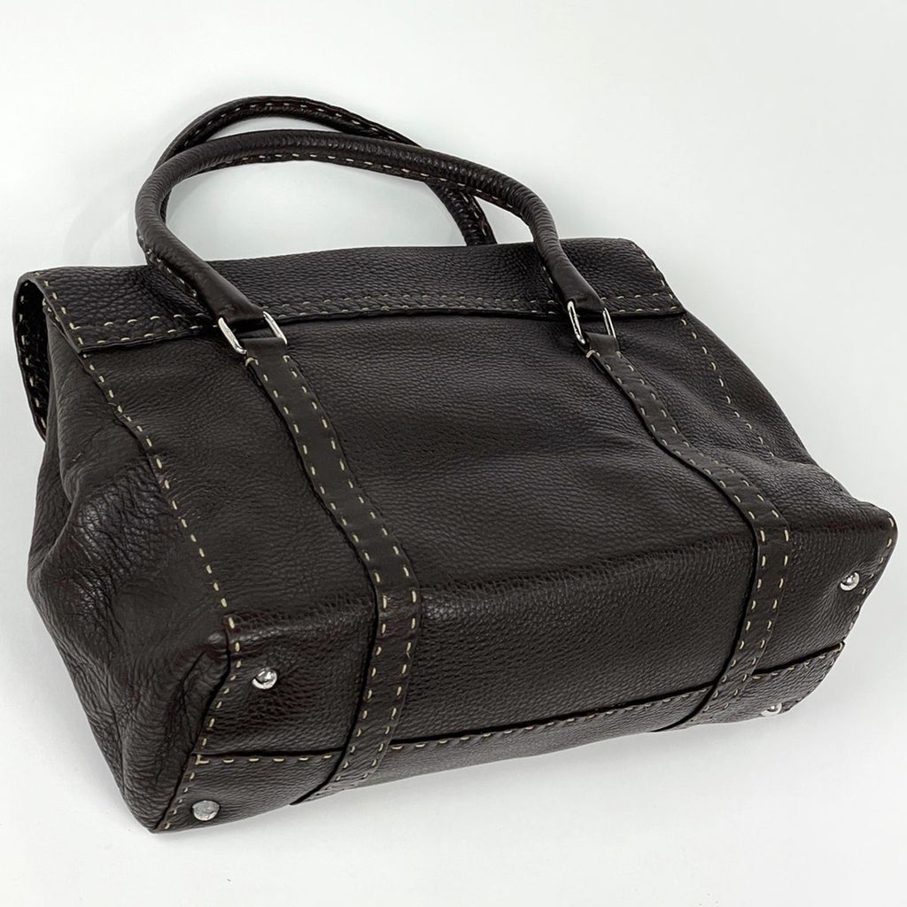 Fendi Selleria Linda Handbag Logo Stitch Leather Brown — view 2