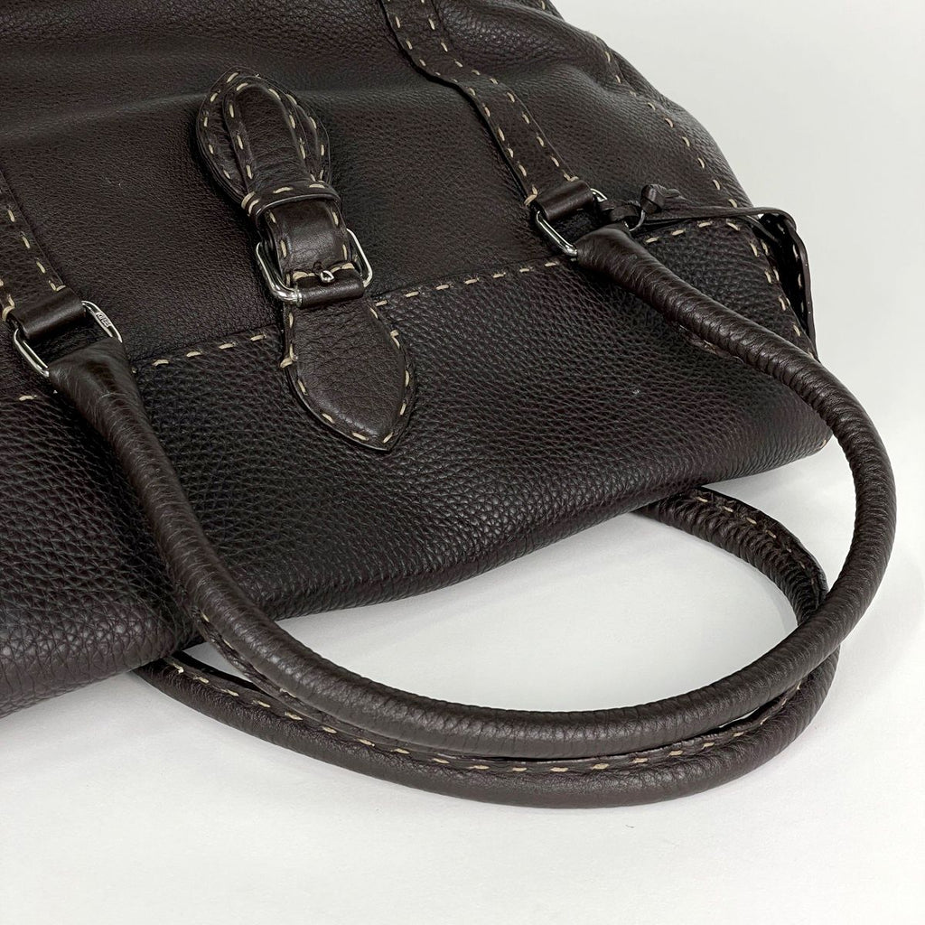 Fendi Selleria Linda Handbag Logo Stitch Leather Brown — view 6