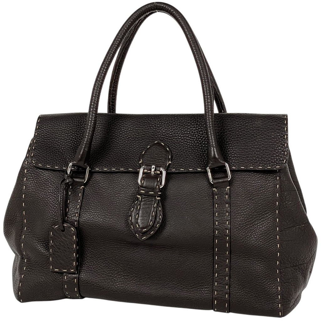 Fendi Selleria Linda Handbag Logo Stitch Leather Brown