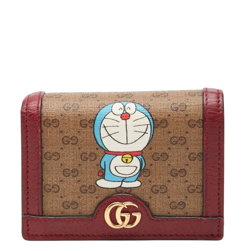 Gucci Mini GG Supreme Doraemon Bifold Wallet Beige Wine Red Leather