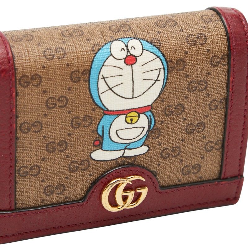 Gucci Mini GG Supreme Doraemon Bifold Wallet Beige Wine Red Leather
