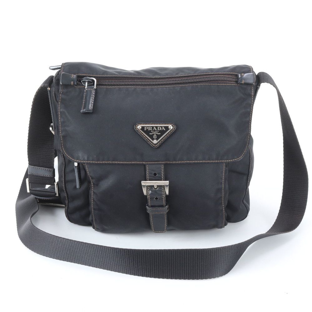 Prada Tessuto Nylon Triangle Logo Leather Shoulder Bag Crossbody Black
