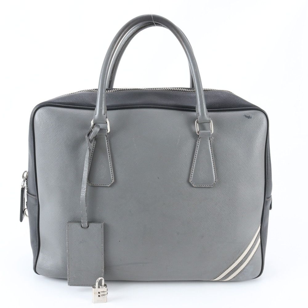 Prada Saffiano Leather Business Document Briefcase Tote Gray
