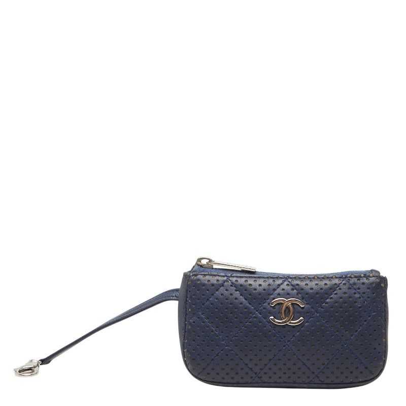 Chanel Quilted CC Logo Coin Purse Navy Leather
