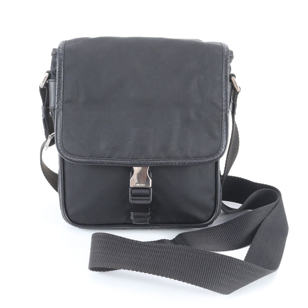 Prada Tessuto Nylon Triangle Logo Leather Shoulder Bag Crossbody Black