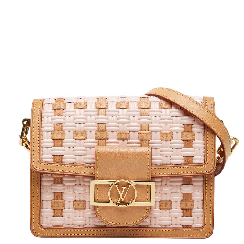 Louis Vuitton Dauphine Mini Crossbody Shoulder Bag Pink Beige Leather Straw