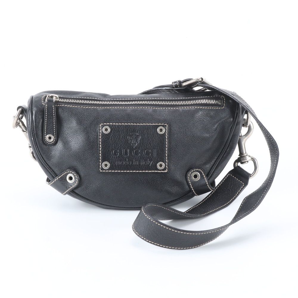 Gucci Crest Leather Shoulder Bag Crossbody Messenger Black