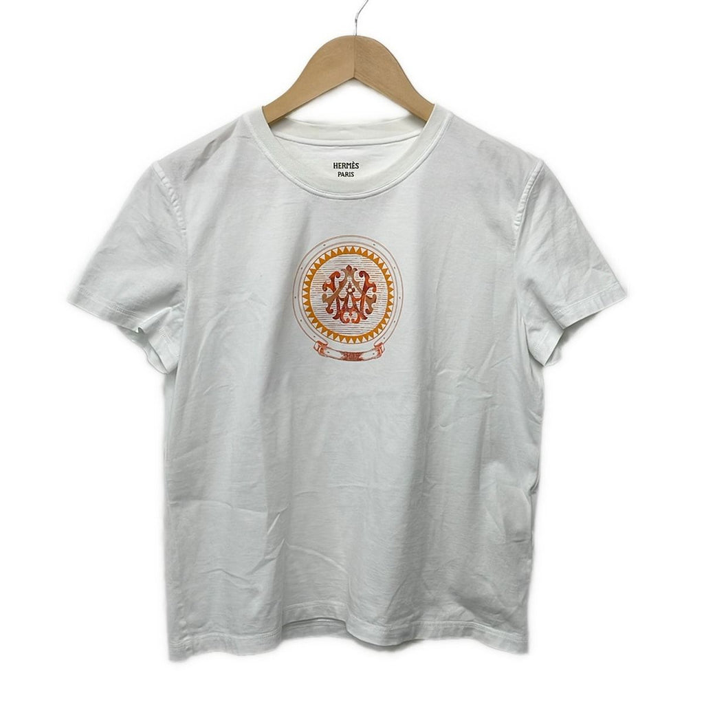 Hermes Short Sleeve T-Shirt 40 M White Orange Multi Crew Neck Cartouche