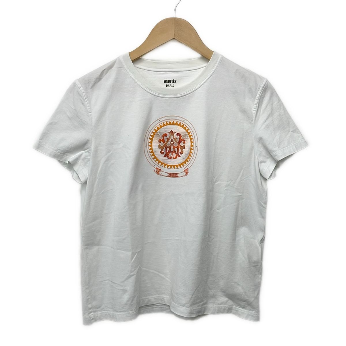 Hermes Short Sleeve T-Shirt 40 M White Orange Multi Crew Neck Cartouche