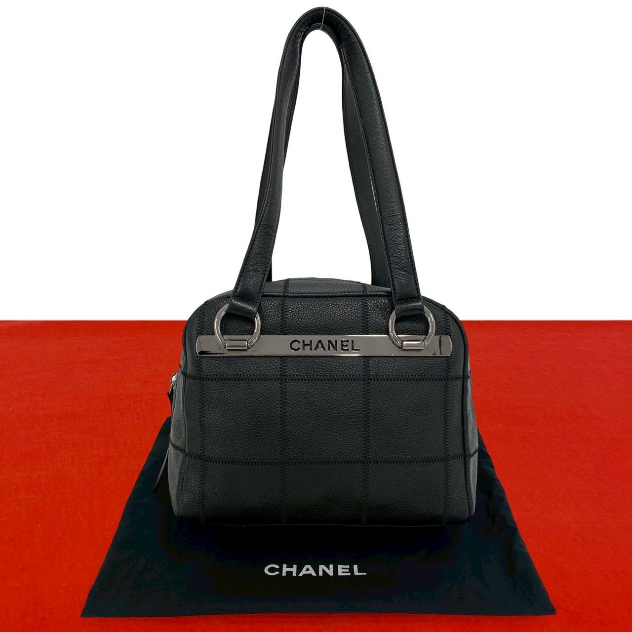 Chanel And Choco Bar Caviar Leather Shoulder Bag Black