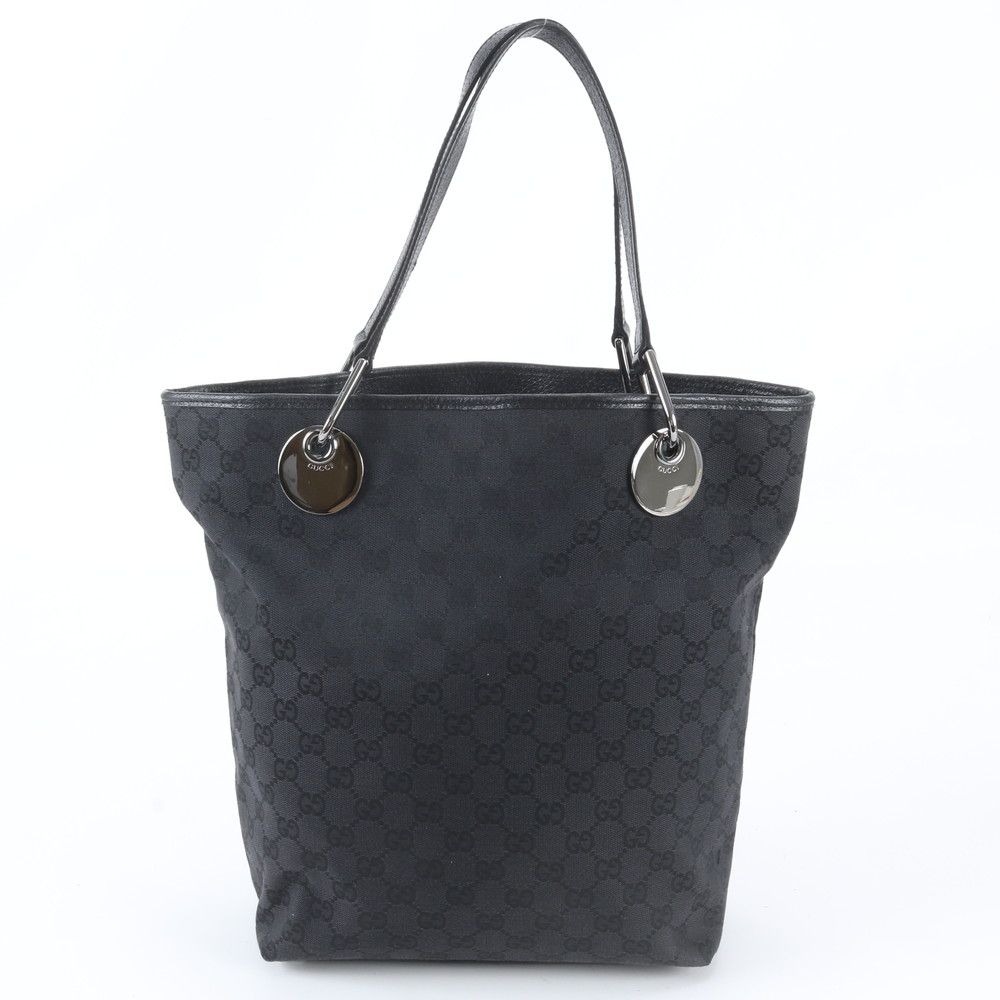 Gucci GG Canvas Leather Tote Shoulder Hand Black