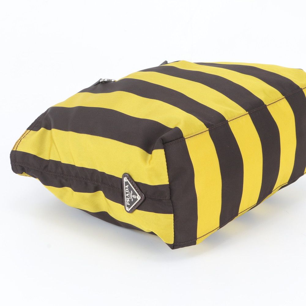 Prada Tessuto Nylon Stripe Triangle Logo Leather Tote Shoulder — view 5