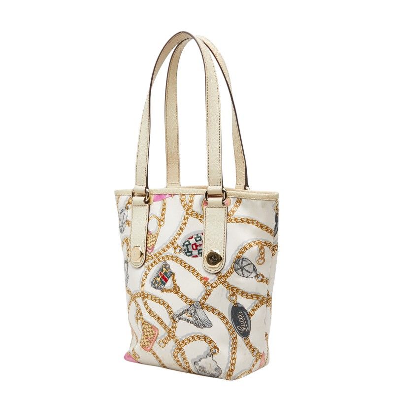 Gucci Logo Chain Motif Mini Tote Bag White Multicolor Nylon Leather