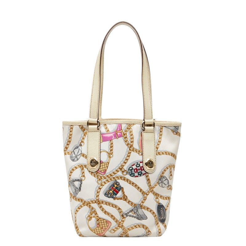 Gucci Logo Chain Motif Mini Tote Bag White Multicolor Nylon Leather