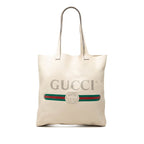 Gucci Logo Print Tote Shoulder Bag Ivory White Leather