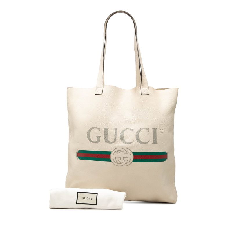 Gucci Logo Print Tote Shoulder Bag Ivory White Leather