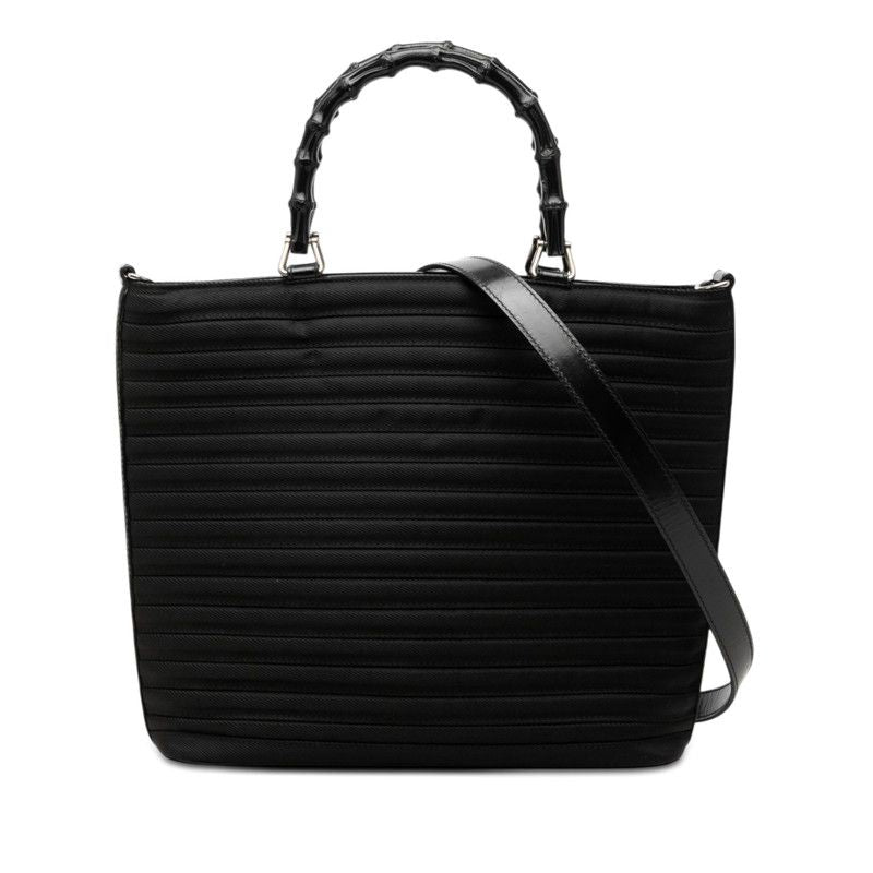 Gucci Bamboo Tote Shoulder Bag 2-Way Black Nylon Leather