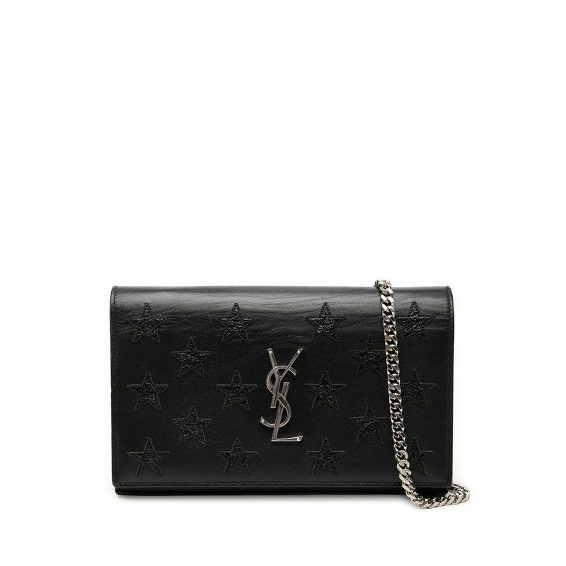 Saint Laurent Star YSL Logo Chain Shoulder Bag Wallet Black Leather