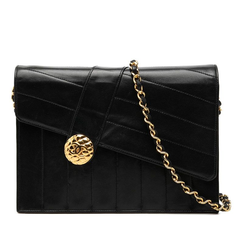 Chanel CC Logo Chain Flap Shoulder Bag Black Lambskin