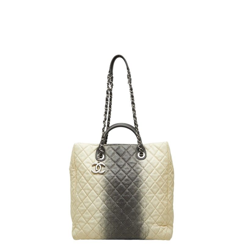 Chanel CC Logo Tote Chain Shoulder Bag Gradient Ivory Black Silver Caviar