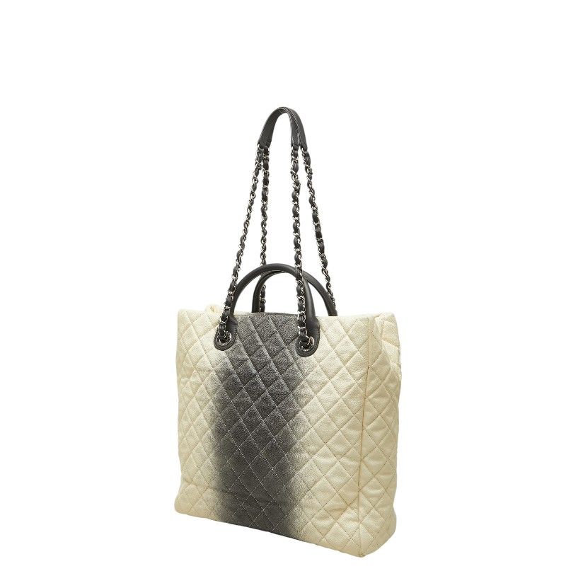 Chanel CC Logo Tote Chain Shoulder Bag Gradient Ivory Black Silver Caviar