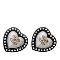 Chanel CC Logo Stud Earrings Heart Black Gold Rhinestone Plated