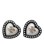 Chanel CC Logo Stud Earrings Heart Black Gold Rhinestone Plated