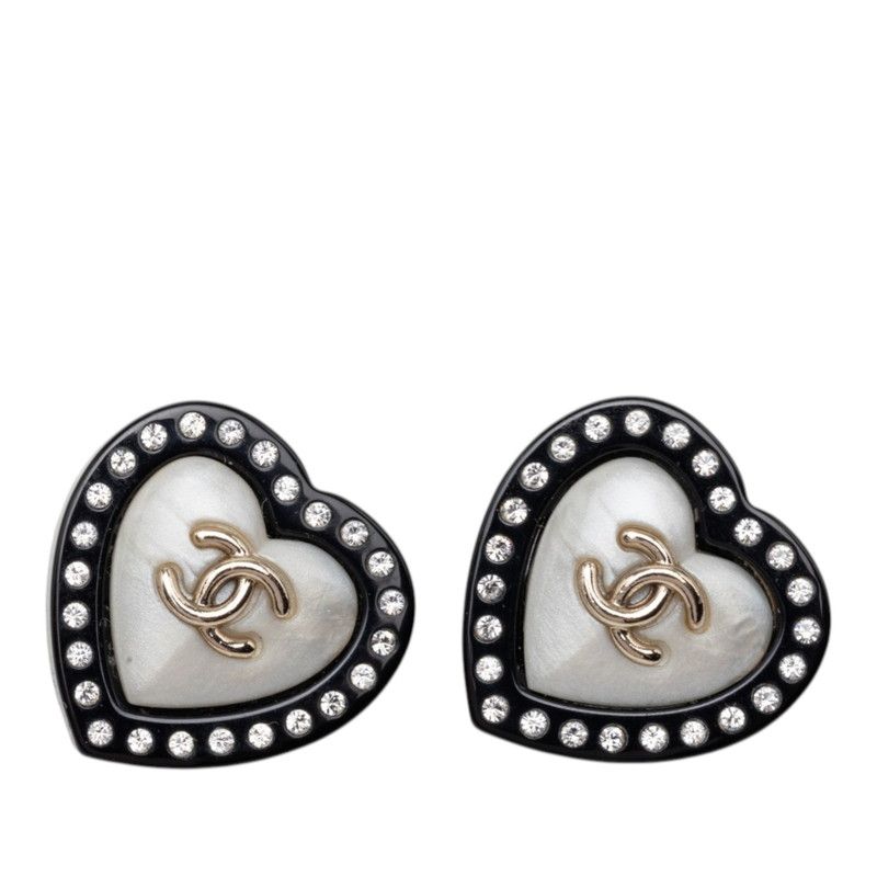 Chanel CC Logo Stud Earrings Heart Black Gold Rhinestone Plated