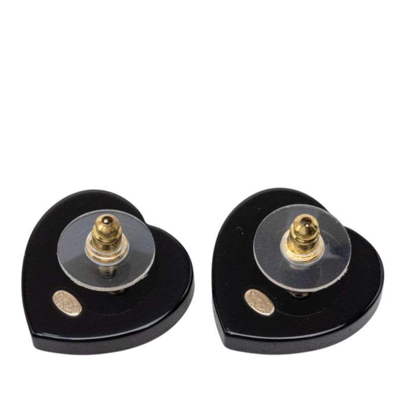 Chanel CC Logo Stud Earrings Heart Black Gold Rhinestone Plated