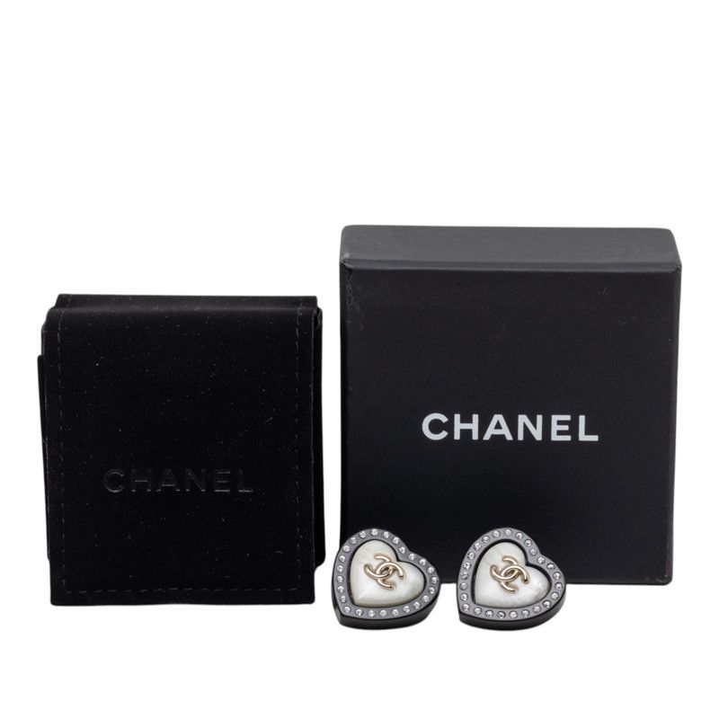 Chanel CC Logo Stud Earrings Heart Black Gold Rhinestone Plated