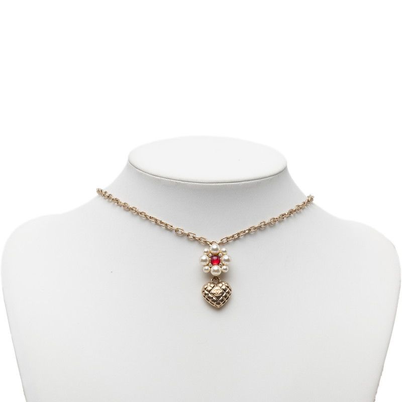 Chanel CC Logo Heart Flower Pendant Gold Plated Faux Pearl Stone