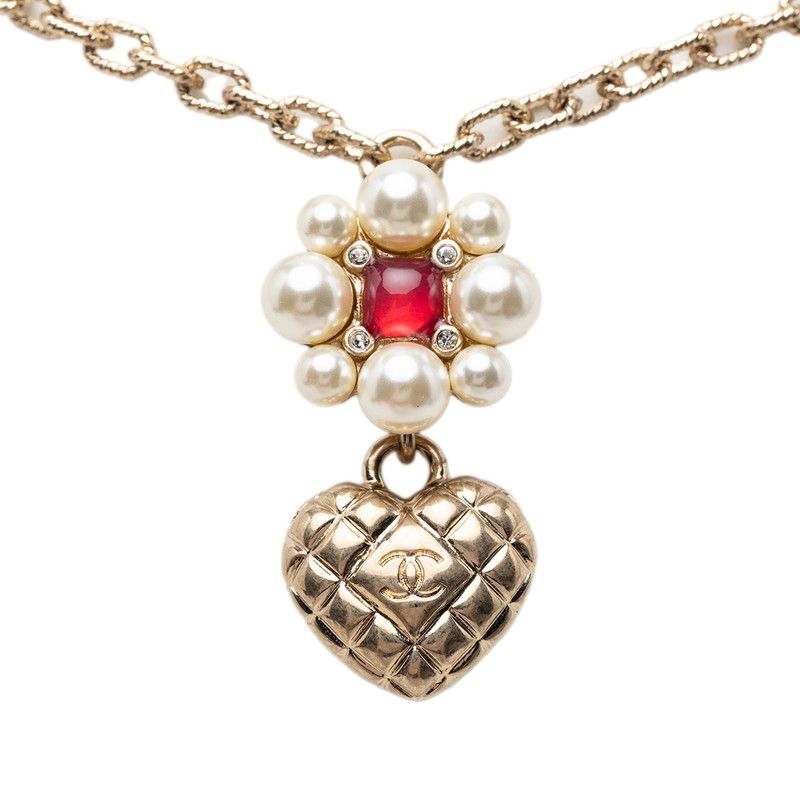 Chanel CC Logo Heart Flower Pendant Gold Plated Faux Pearl Stone