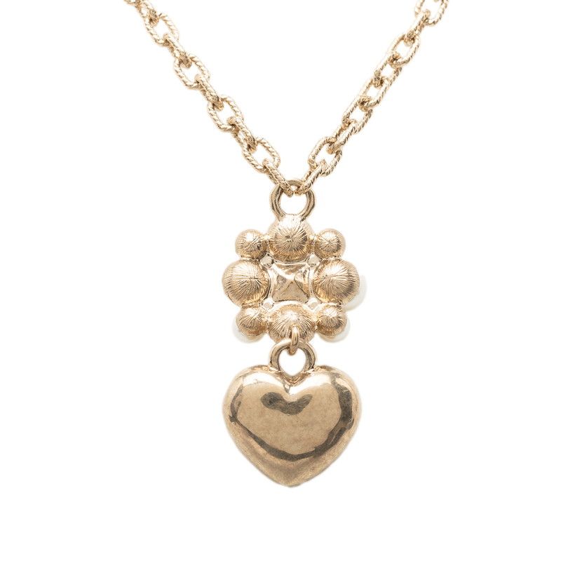 Chanel CC Logo Heart Flower Pendant Gold Plated Faux Pearl Stone