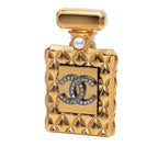 Chanel CC Logo Quilted Perfume Bottle Brooch Gold Plated Rhinestone Faux Pearl