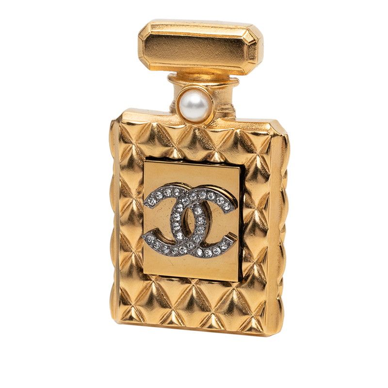 Chanel CC Logo Quilted Perfume Bottle Brooch Gold Plated Rhinestone Faux Pearl