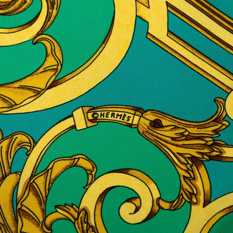 Hermes Carre 90 les Tuileries Roulis Park Scarf Green Gold Silk