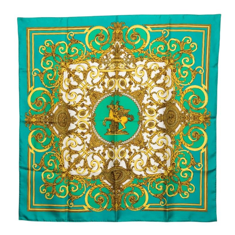 Hermes Carre 90 les Tuileries Roulis Park Scarf Green Gold Silk