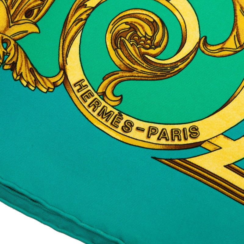 Hermes Carre 90 les Tuileries Roulis Park Scarf Green Gold Silk