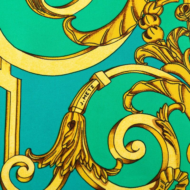 Hermes Carre 90 les Tuileries Roulis Park Scarf Green Gold Silk