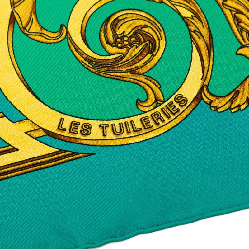Hermes Carre 90 les Tuileries Roulis Park Scarf Green Gold Silk