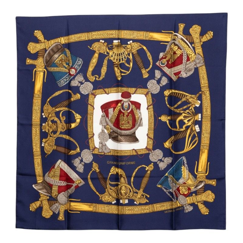Hermes Carre 90 Grand Uniforme Scarf Navy Multicolor Silk
