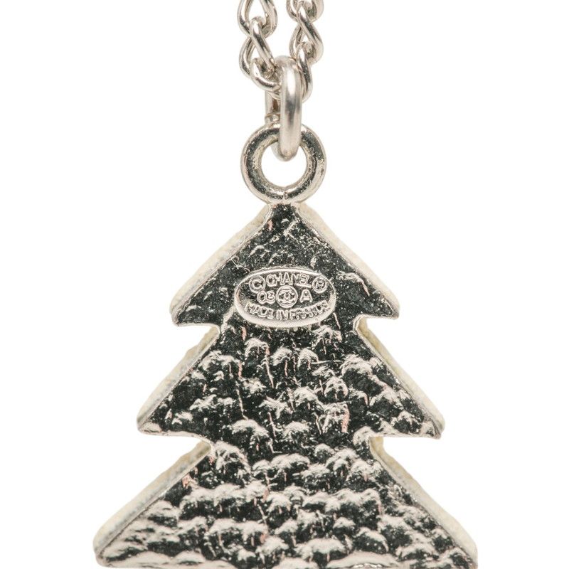 Chanel CC Logo Christmas Tree Motif Necklace Silver White Metal