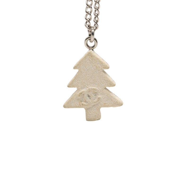 Chanel CC Logo Christmas Tree Motif Necklace Silver White Metal