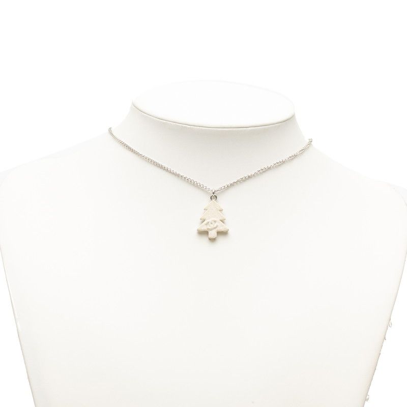 Chanel CC Logo Christmas Tree Motif Necklace Silver White Metal