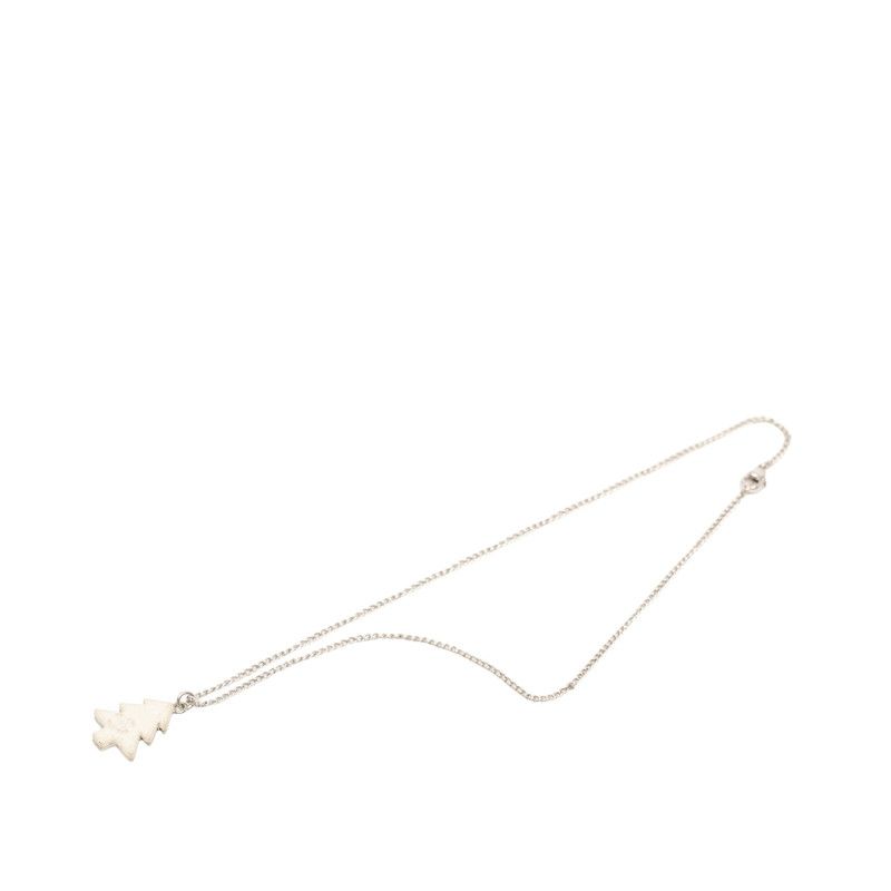 Chanel CC Logo Christmas Tree Motif Necklace Silver White Metal
