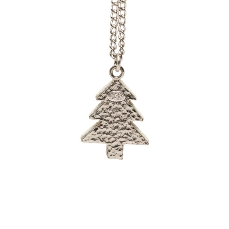 Chanel CC Logo Christmas Tree Motif Necklace Silver White Metal