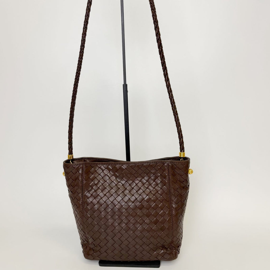 Bottega Veneta Intrecciato Shoulder Bag Leather Brown Gold Vintage — view 3