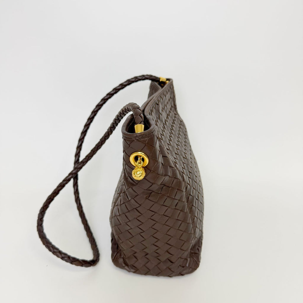 Bottega Veneta Intrecciato Shoulder Bag Leather Brown Gold Vintage — view 6