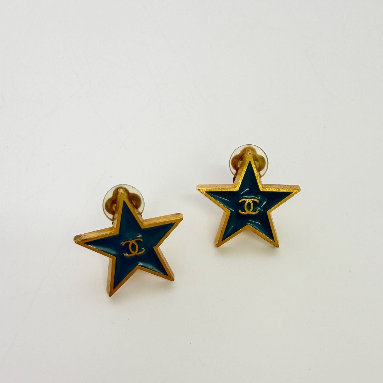 Chanel CC Logo Star Earrings Plated Turquoise Blue Gold Vintage — view 3