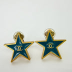 Chanel CC Logo Star Earrings Plated Turquoise Blue Gold Vintage — view 4